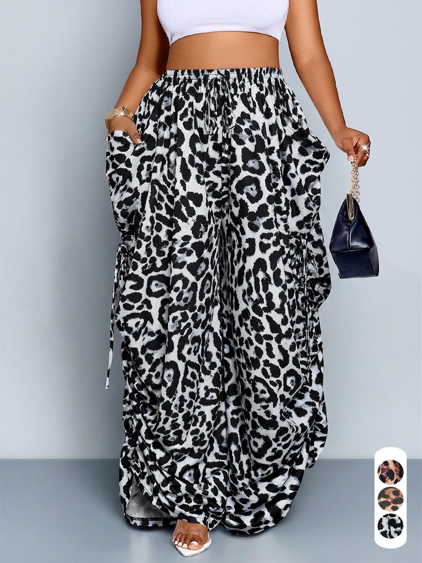Women's Plus Size Leopard Print Wide Leg Pants, High Waist Elastic Waist Adjustable, Loose-Fitting Long Pants, Casual All Seasons Fashion, Casual High Waisted Women's Plus Size Leopard Print Wide Leg Pants, High Waist Elastic Waist Adjustable, Loose-Fitting Long Pants, Casual All Seasons Fashion, Casual High Waisted