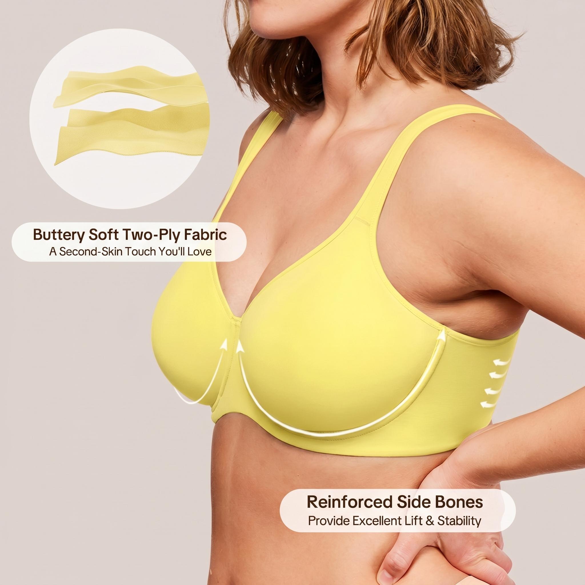 HSIA Joan Comfortzone Plus Size Unlined Full Coverage Minimizer Bra for Large Bust Women Underwire Support Seamless Naked Feel T Shirt Non-Padded Bra Instantly Slims 1 to 1.5 Cups Wider Cushioned Straps Anti Sag Smoothing Daily Lingerie