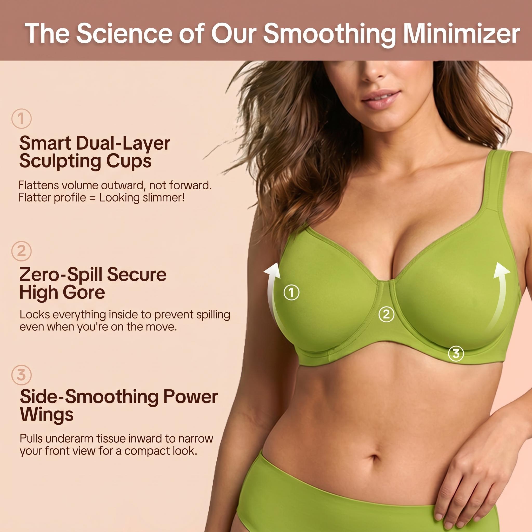 HSIA Joan Comfortzone Plus Size Unlined Full Coverage Minimizer Bra for Large Bust Women Underwire Support Seamless Naked Feel T Shirt Non-Padded Bra Instantly Slims 1 to 1.5 Cups Wider Cushioned Straps Anti Sag Smoothing Daily Lingerie