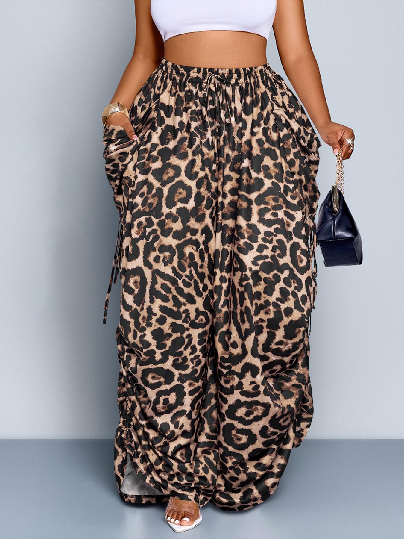 Women's Plus Size Leopard Print Wide Leg Pants, High Waist Elastic Waist Adjustable, Loose-Fitting Long Pants, Casual All Seasons Fashion, Casual High Waisted Women's Plus Size Leopard Print Wide Leg Pants, High Waist Elastic Waist Adjustable, Loose-Fitting Long Pants, Casual All Seasons Fashion, Casual High Waisted