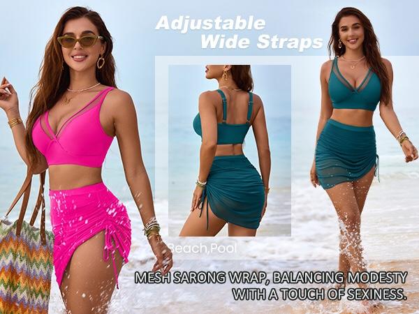 Blooming Jelly Mesh Sarong Wraps Bathing Suits Womens High Waisted Tummy Control Bikini Sets