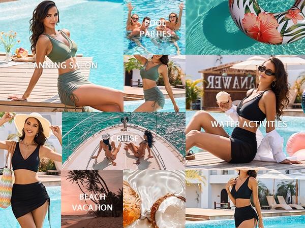 Blooming Jelly Mesh Sarong Wraps Bathing Suits Womens High Waisted Tummy Control Bikini Sets