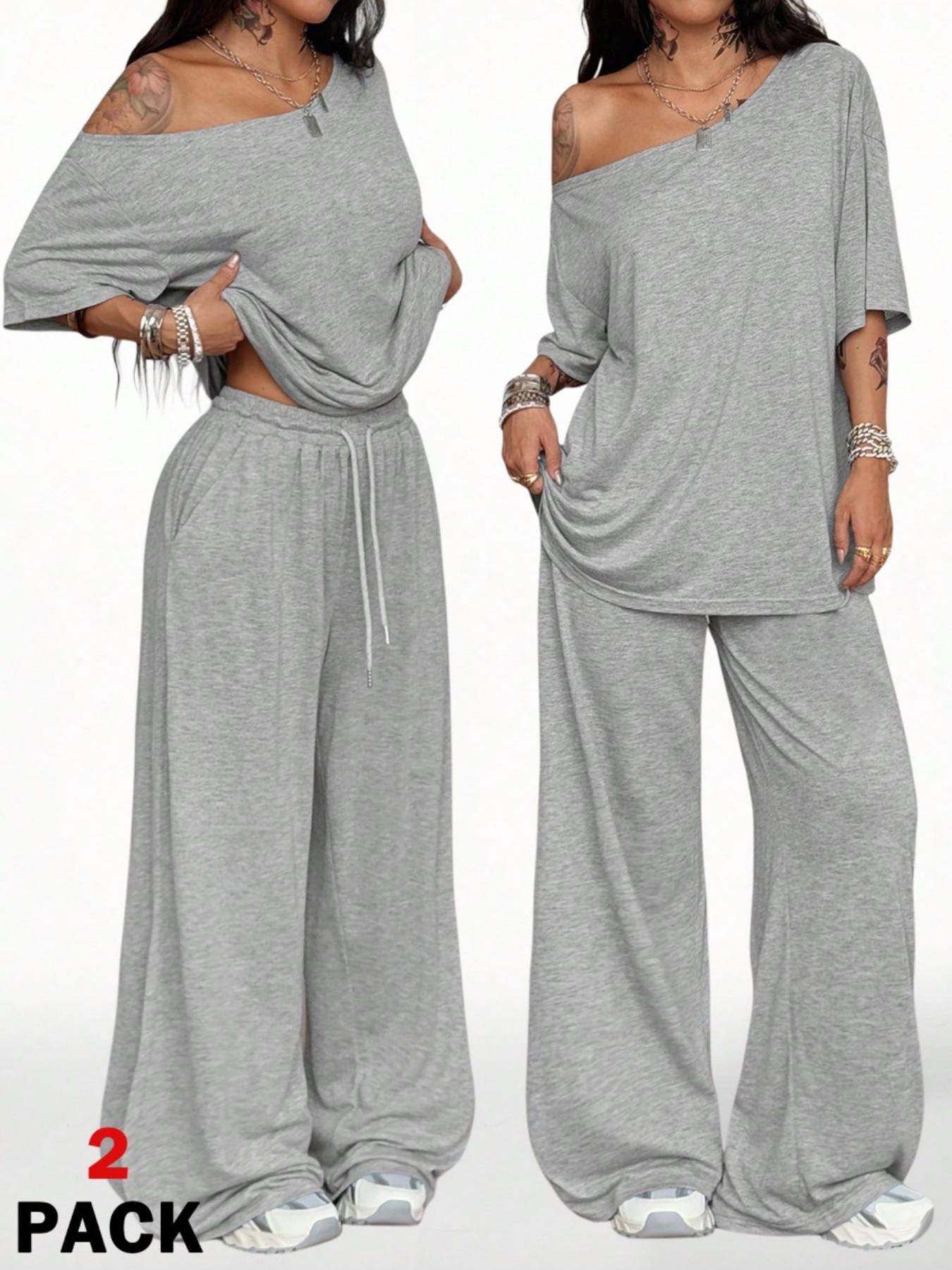 2pcs/Set Women's Minimalist Basic Daily Wear Casual Going Out Sport Comfortable Off Shoulder T-Shirt And Wide Leg Pants Two Pieces Outfits