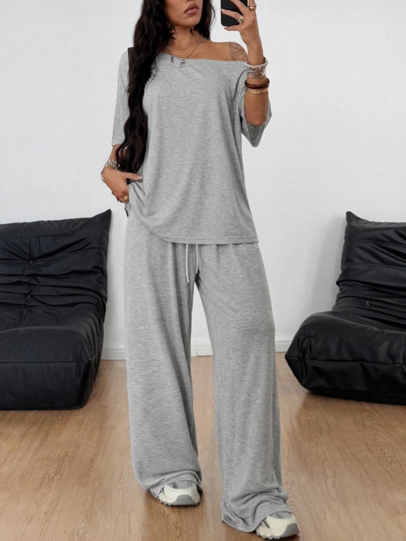 2pcs/Set Women's Minimalist Basic Daily Wear Casual Going Out Sport Comfortable Off Shoulder T-Shirt And Wide Leg Pants Two Pieces Outfits