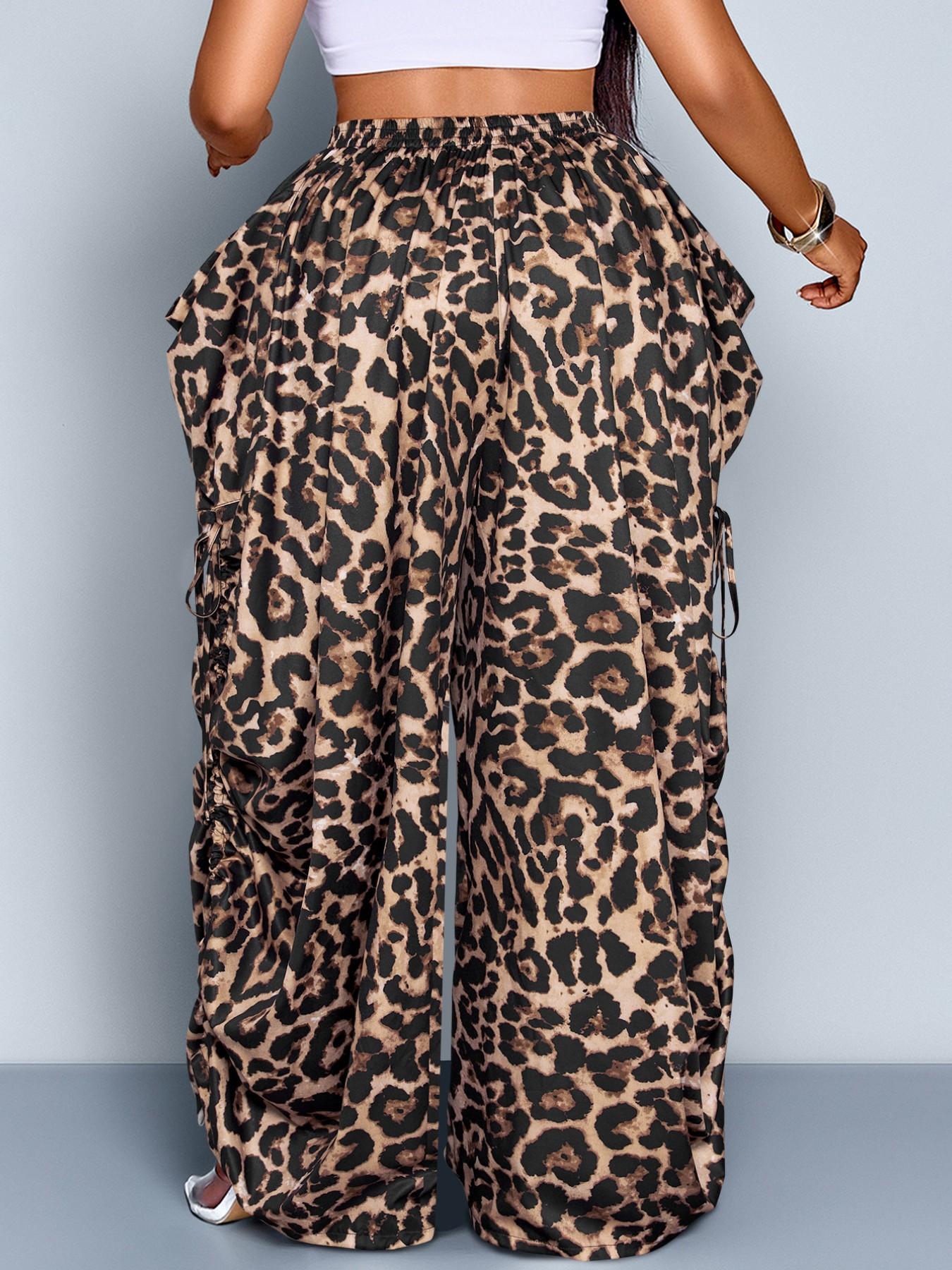 Women's Plus Size Leopard Print Wide Leg Pants, High Waist Elastic Waist Adjustable, Loose-Fitting Long Pants, Casual All Seasons Fashion, Casual High Waisted Women's Plus Size Leopard Print Wide Leg Pants, High Waist Elastic Waist Adjustable, Loose-Fitting Long Pants, Casual All Seasons Fashion, Casual High Waisted