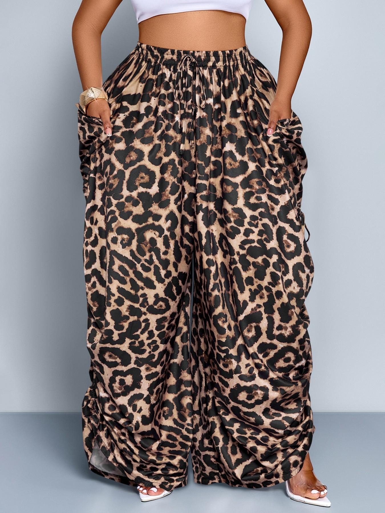 Women's Plus Size Leopard Print Wide Leg Pants, High Waist Elastic Waist Adjustable, Loose-Fitting Long Pants, Casual All Seasons Fashion, Casual High Waisted Women's Plus Size Leopard Print Wide Leg Pants, High Waist Elastic Waist Adjustable, Loose-Fitting Long Pants, Casual All Seasons Fashion, Casual High Waisted