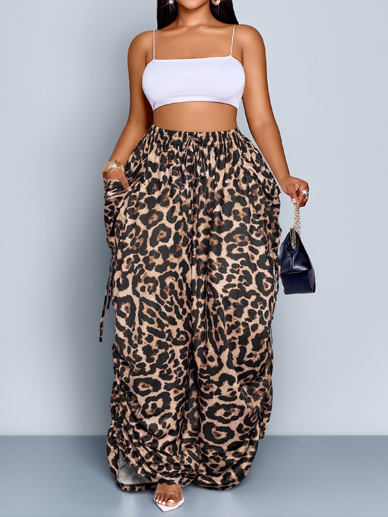 Women's Plus Size Leopard Print Wide Leg Pants, High Waist Elastic Waist Adjustable, Loose-Fitting Long Pants, Casual All Seasons Fashion, Casual High Waisted Women's Plus Size Leopard Print Wide Leg Pants, High Waist Elastic Waist Adjustable, Loose-Fitting Long Pants, Casual All Seasons Fashion, Casual High Waisted