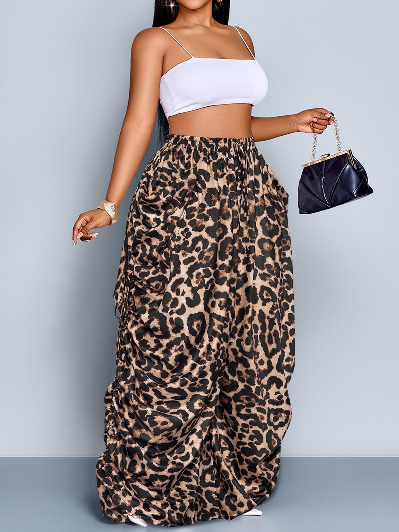 Women's Plus Size Leopard Print Wide Leg Pants, High Waist Elastic Waist Adjustable, Loose-Fitting Long Pants, Casual All Seasons Fashion, Casual High Waisted Women's Plus Size Leopard Print Wide Leg Pants, High Waist Elastic Waist Adjustable, Loose-Fitting Long Pants, Casual All Seasons Fashion, Casual High Waisted