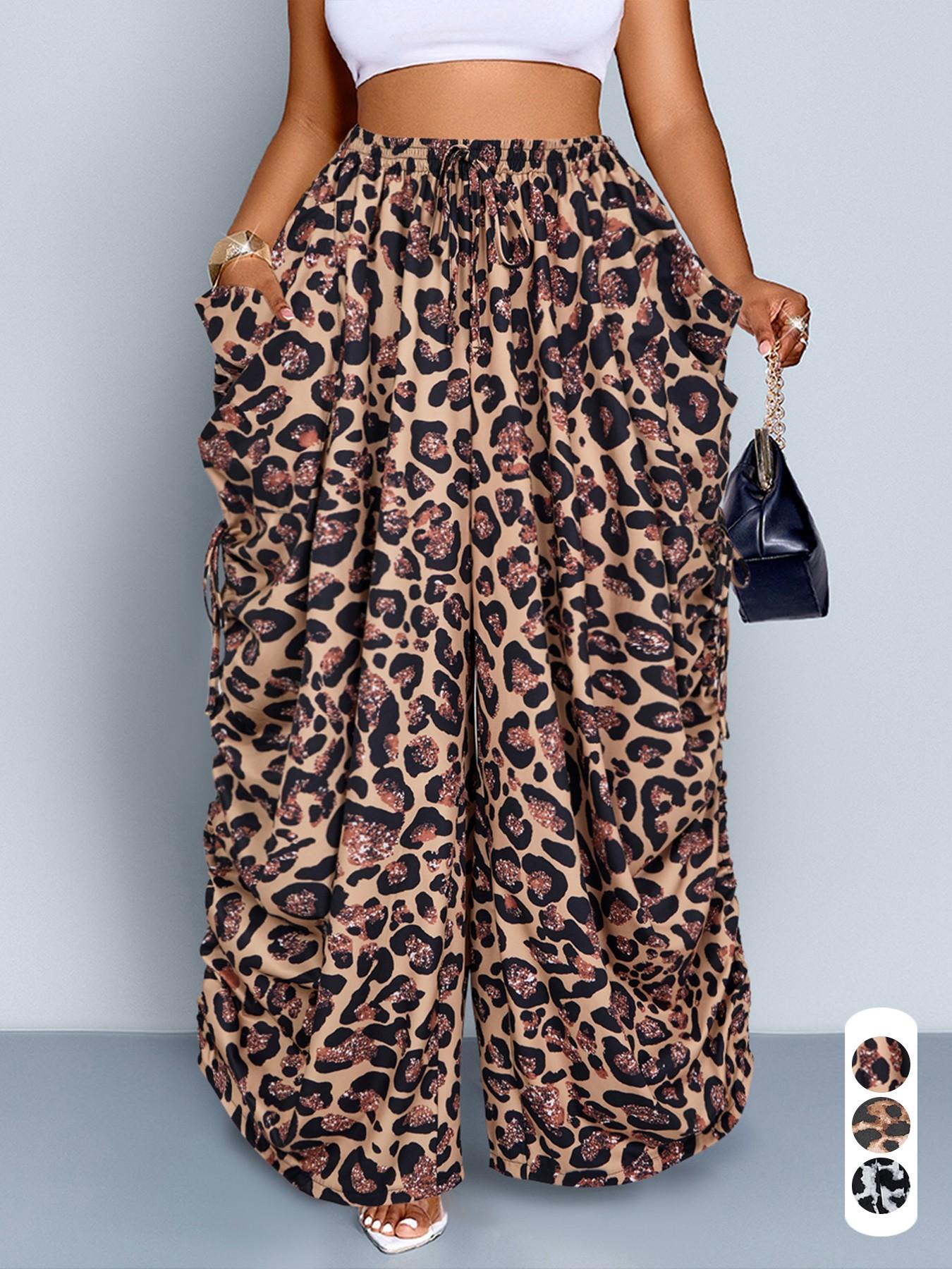 Women's Plus Size Leopard Print Wide Leg Pants, High Waist Elastic Waist Adjustable, Loose-Fitting Long Pants, Casual All Seasons Fashion, Casual High Waisted Women's Plus Size Leopard Print Wide Leg Pants, High Waist Elastic Waist Adjustable, Loose-Fitting Long Pants, Casual All Seasons Fashion, Casual High Waisted