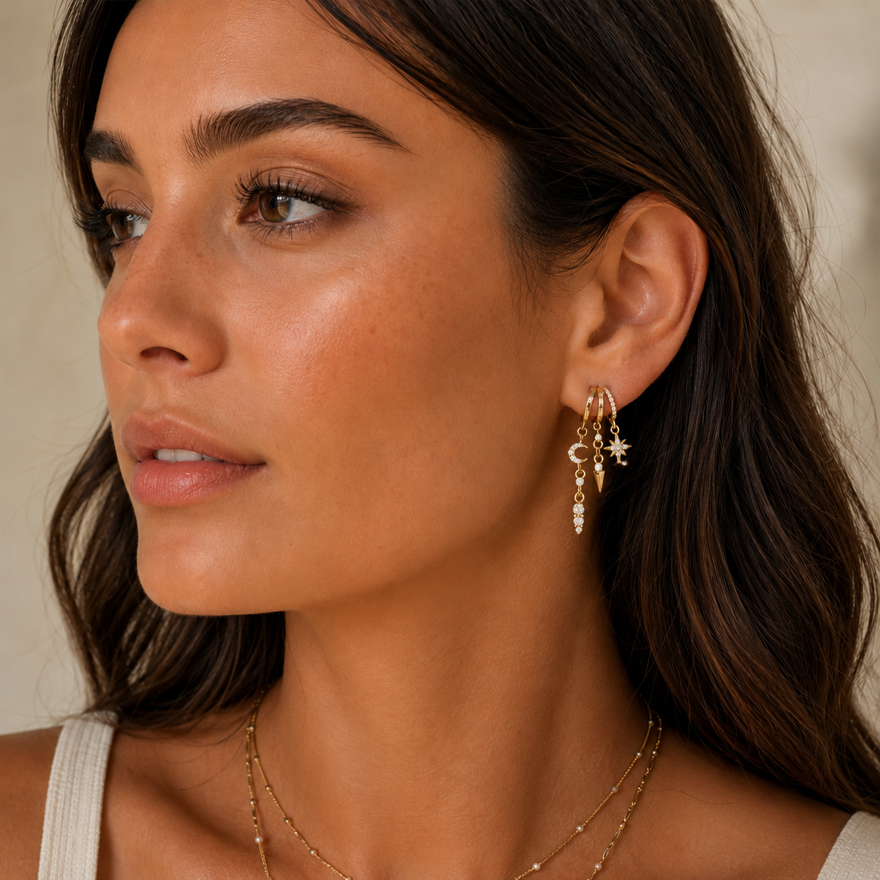 Starlit Crescent Hoop Earrings | One Piercing, Layered Look
