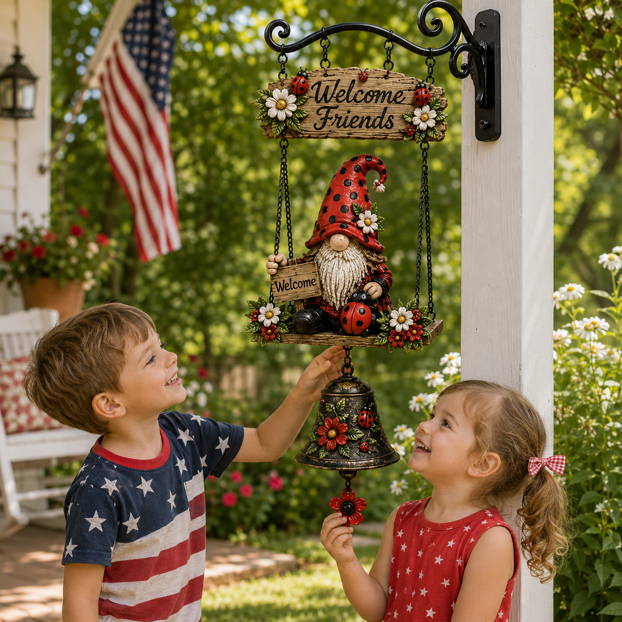 🐞 Rustic Garden Gnome Bell Hanging Decor for Porch & Garden
