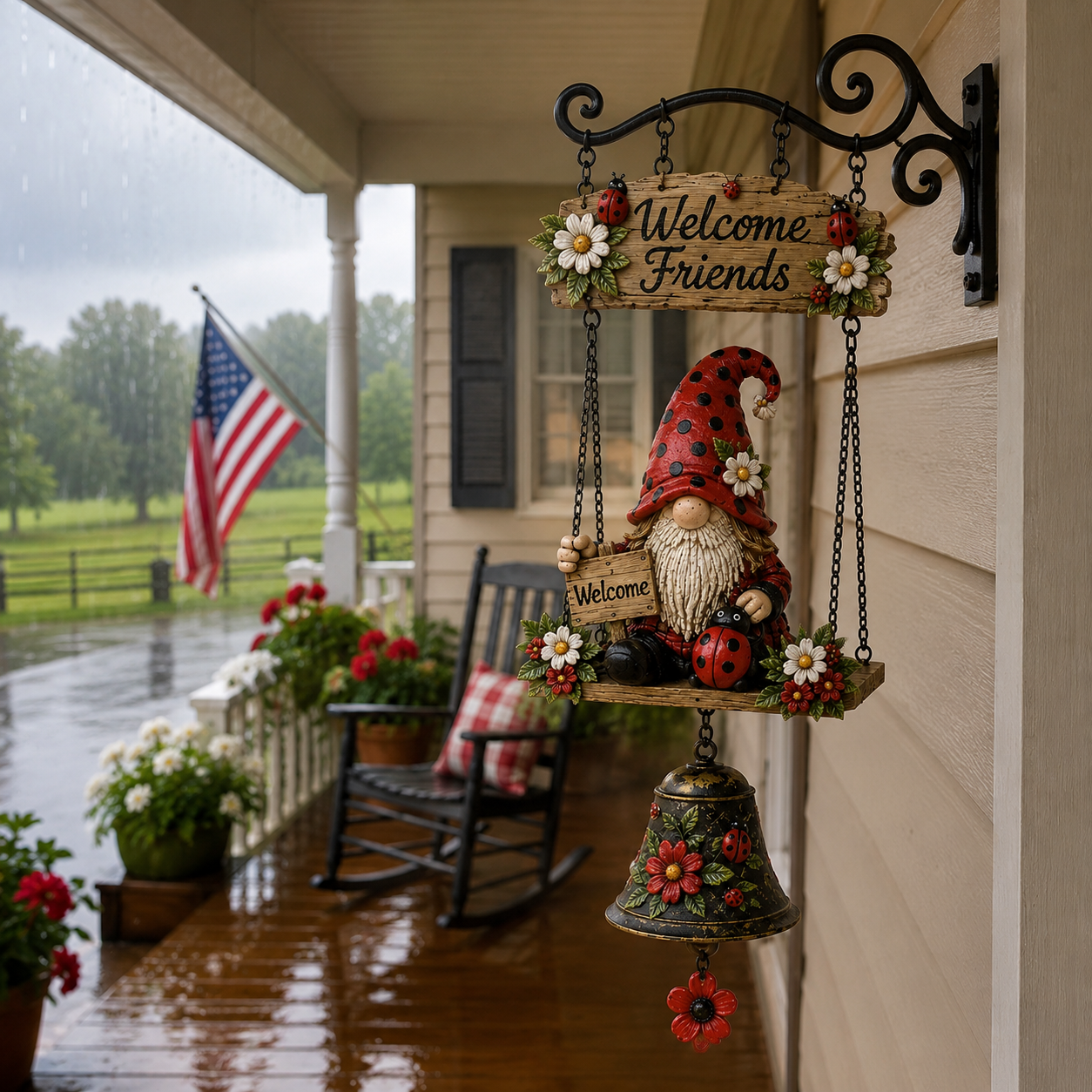 🐞 Rustic Garden Gnome Bell Hanging Decor for Porch & Garden