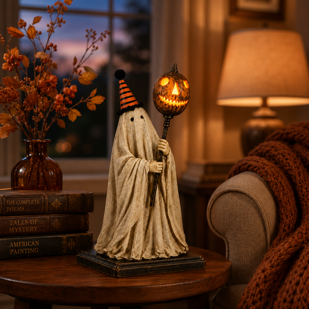 ⭐ Lighted Vintage Ghost Figurine with Glowing Pumpkin Staff – Cozy Halloween Home Décor