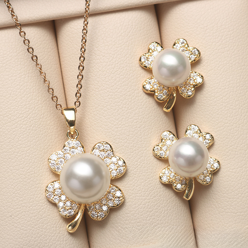 14K Akoya Pearl Jewelry Set Four-leaf Necklace/Earrings