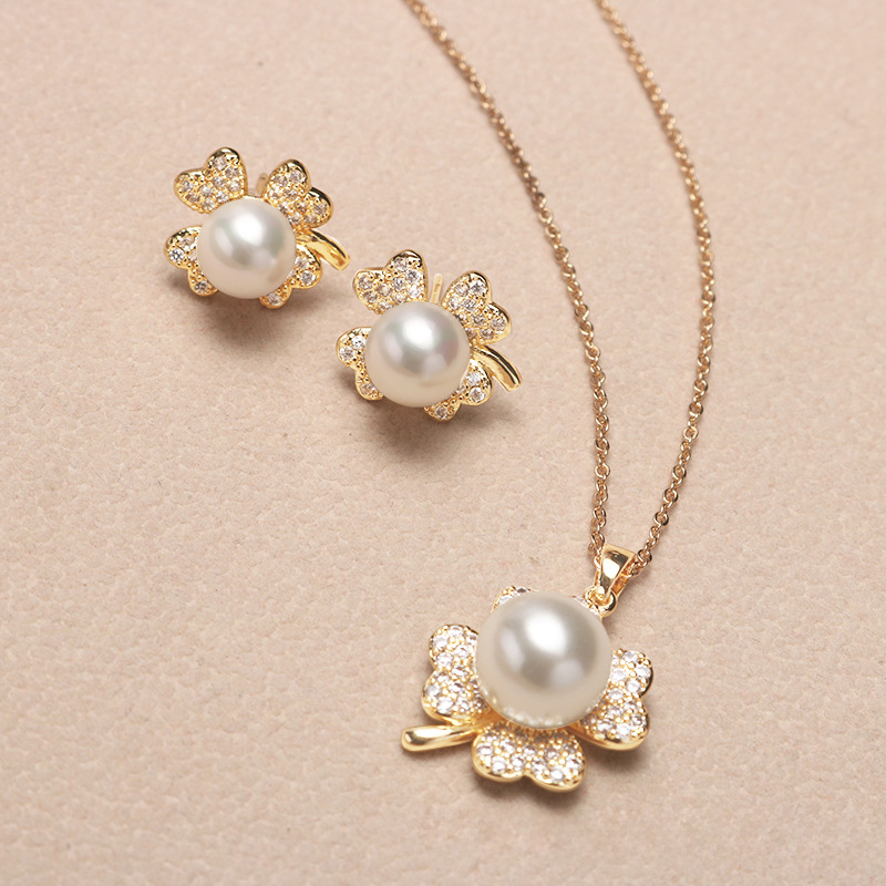 14K Akoya Pearl Jewelry Set Four-leaf Necklace/Earrings