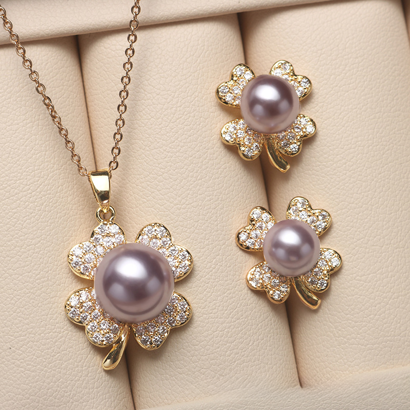 14K Akoya Pearl Jewelry Set Four-leaf Necklace/Earrings