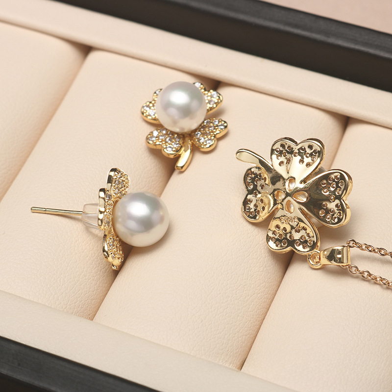 14K Akoya Pearl Jewelry Set Four-leaf Necklace/Earrings