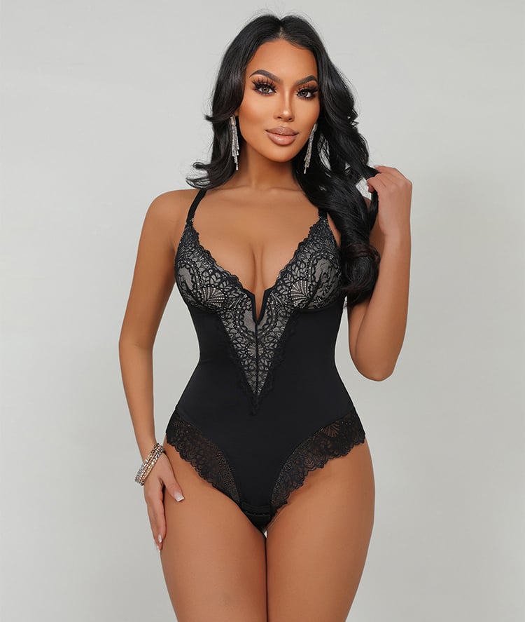 Sexy Lace Deep-V Neck Tummy Control Hip Lifting Bodysuit