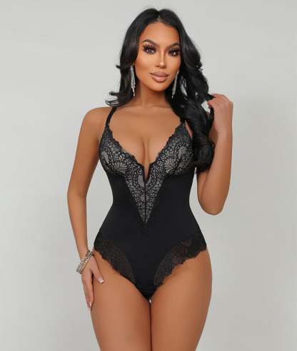 Sexy Lace Deep-V Neck Tummy Control Hip Lifting Bodysuit