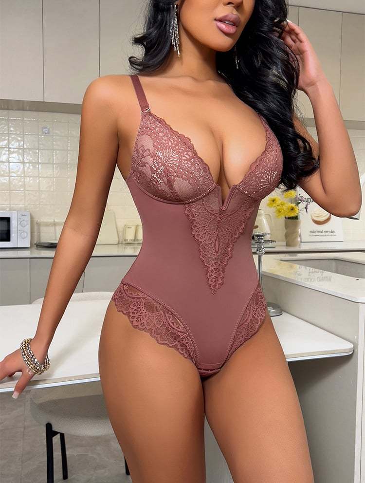 Sexy Lace Deep-V Neck Tummy Control Hip Lifting Bodysuit