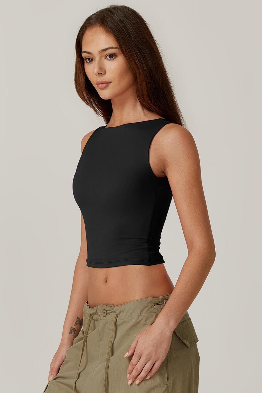 Sexy backless sleeveless cropped tank top, high-neck, slim-fitting short T-shirt