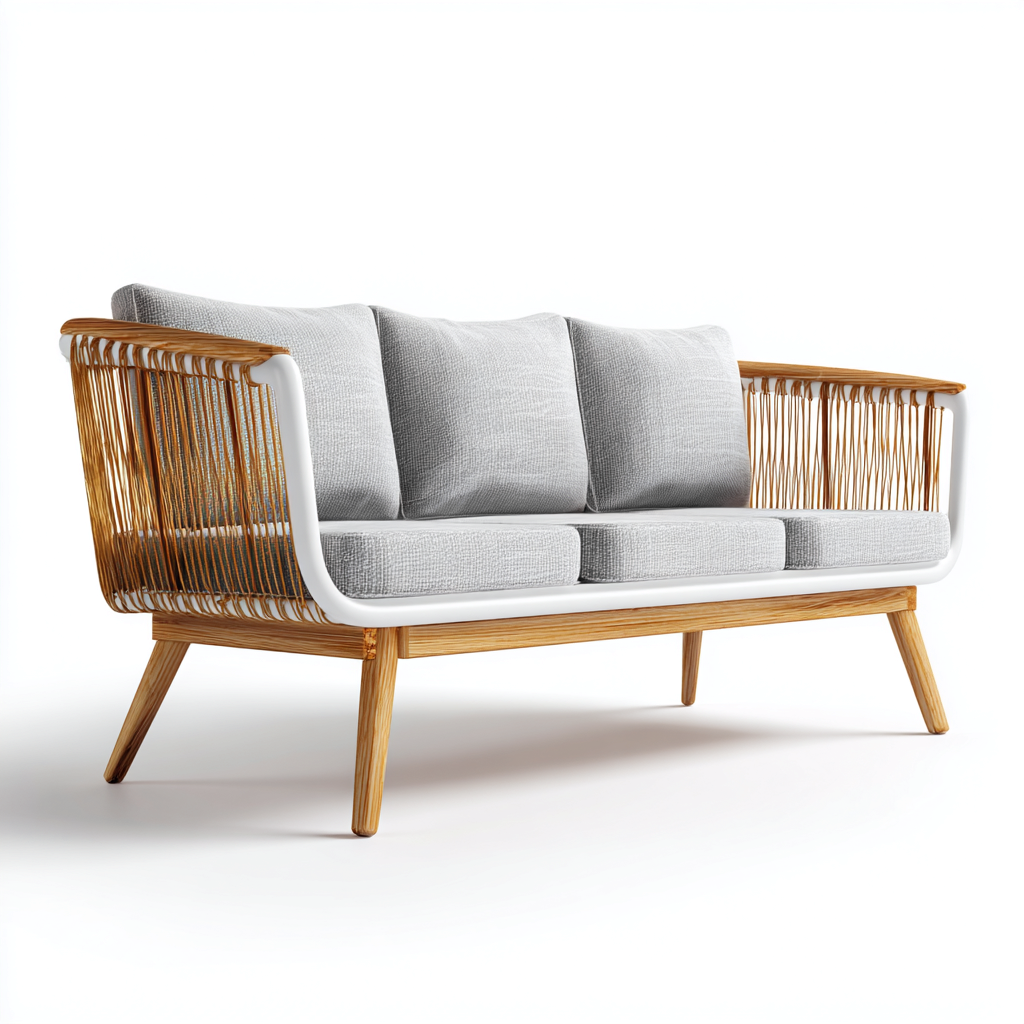 Divano da esterno in legno e corda intrecciata - cuscini grigi - per giardino o terrazza - design moderno naturale-Decoroli