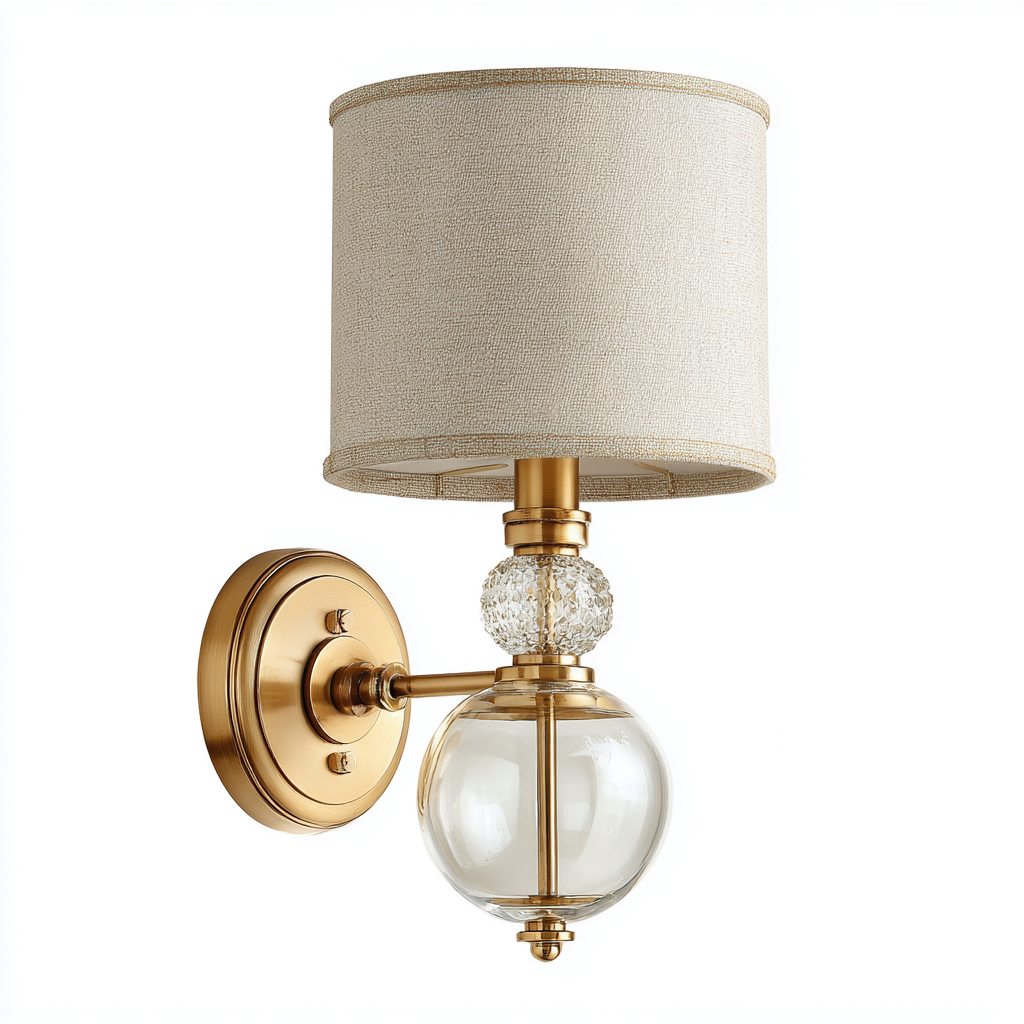 Applique da parete in metallo, vetro e tessuto 21x23x36 cm - ottone - stile moderno per interni-Decoroli