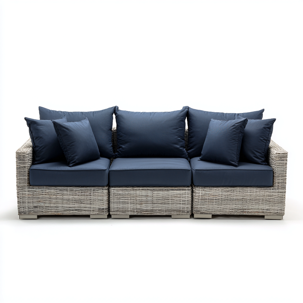 Divano da esterno in rattan sintetico con cuscini - blu - grigio - per giardino o terrazza - design moderno-Decoroli