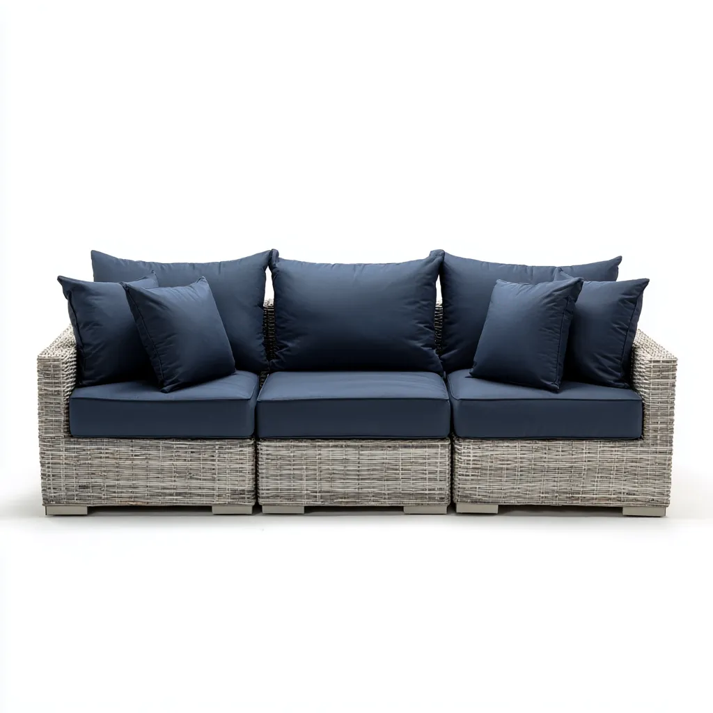 Divano da esterno in rattan sintetico con cuscini - blu - grigio - per giardino o terrazza - design moderno-Decoroli