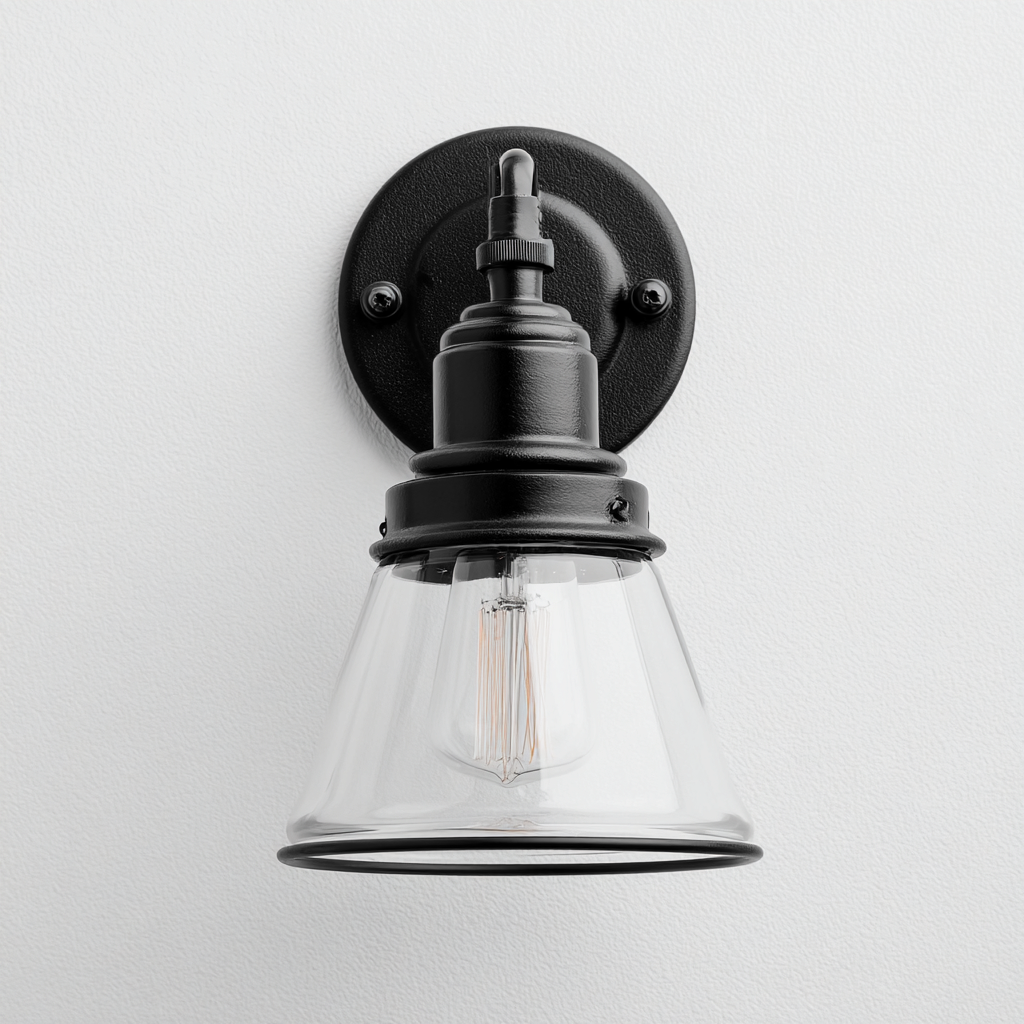 Applique da parete in metallo nero e vetro trasparente 19x17x24 cm - per bagno e corridoio - design retrò industriale-Decoroli