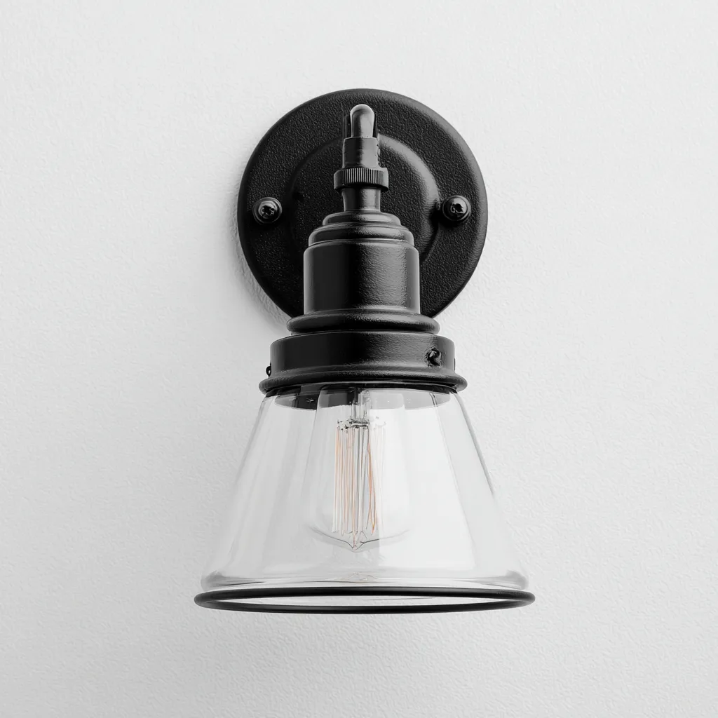 Applique da parete in metallo nero e vetro trasparente 19x17x24 cm - per bagno e corridoio - design retrò industriale-Decoroli