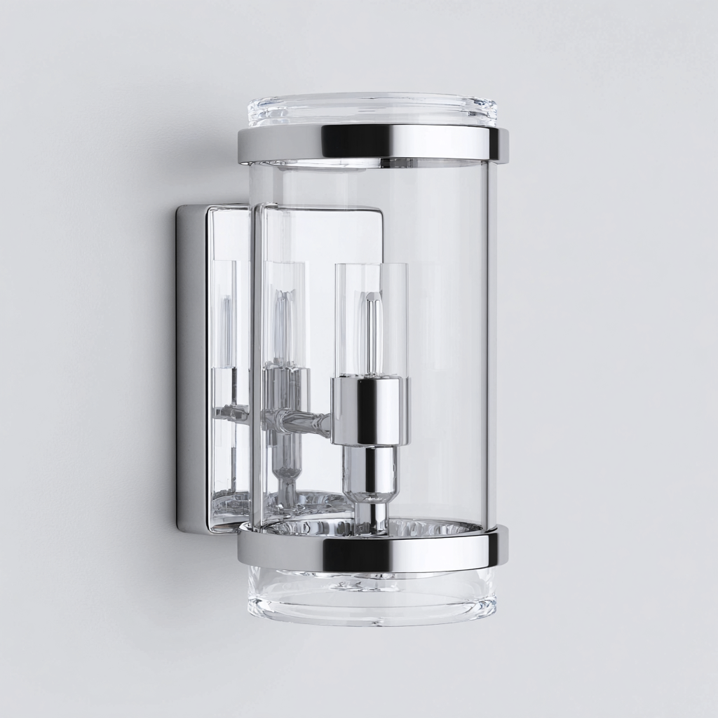 Applique da parete trasparente con paralume in vetro cilindrico 14x11x28 cm - per bagno e corridoio - stile moderno minimalista-Decoroli