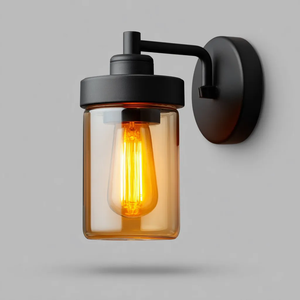 Applique da parete in metallo con paralume in vetro ambra 15x18x25 cm - nero - ambra - stile industriale moderno per soggiorno o corridoio-Decoroli