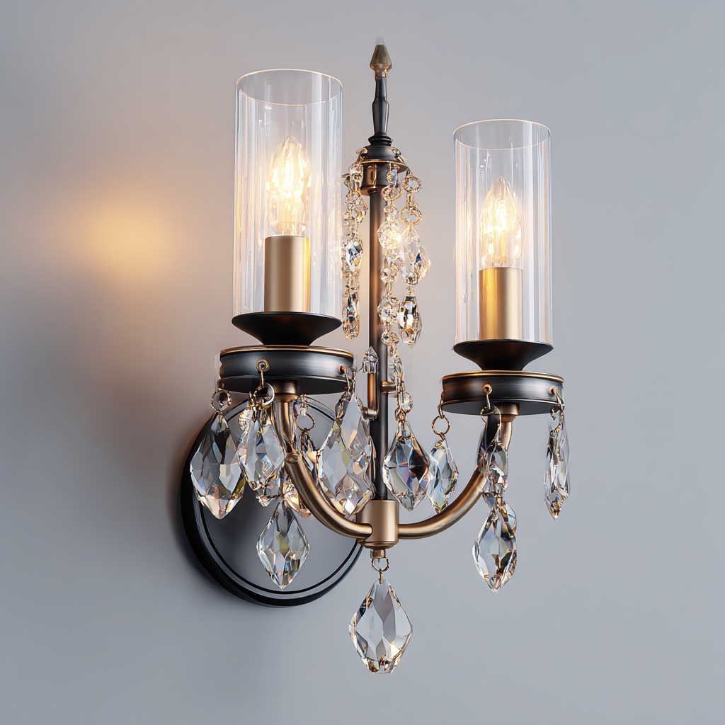 Applique da parete a due luci in metallo e cristallo 28x18x42 cm - nero - oro - stile classico per interni-Decoroli