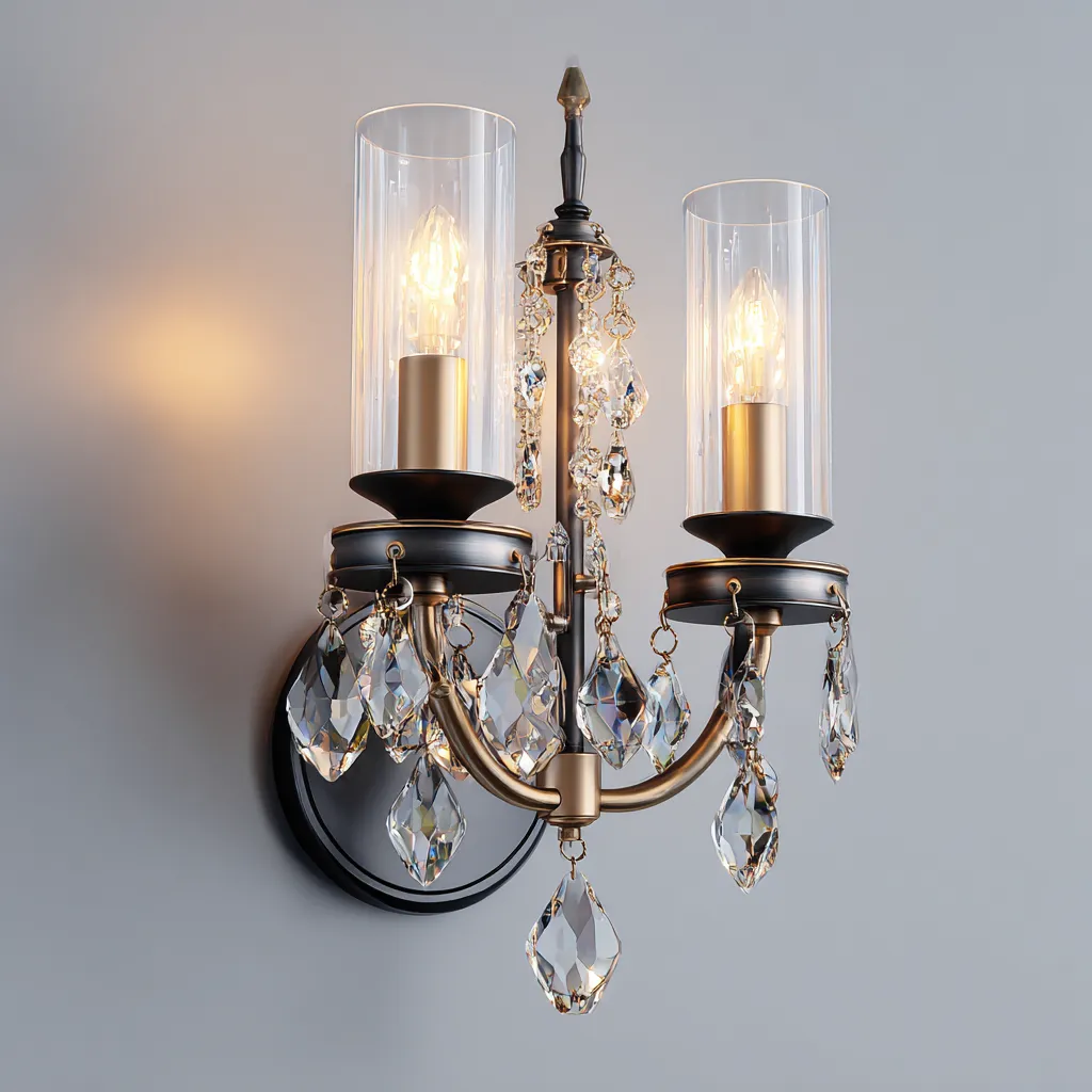 Applique da parete a due luci in metallo e cristallo 28x18x42 cm - nero - oro - stile classico per interni-Decoroli