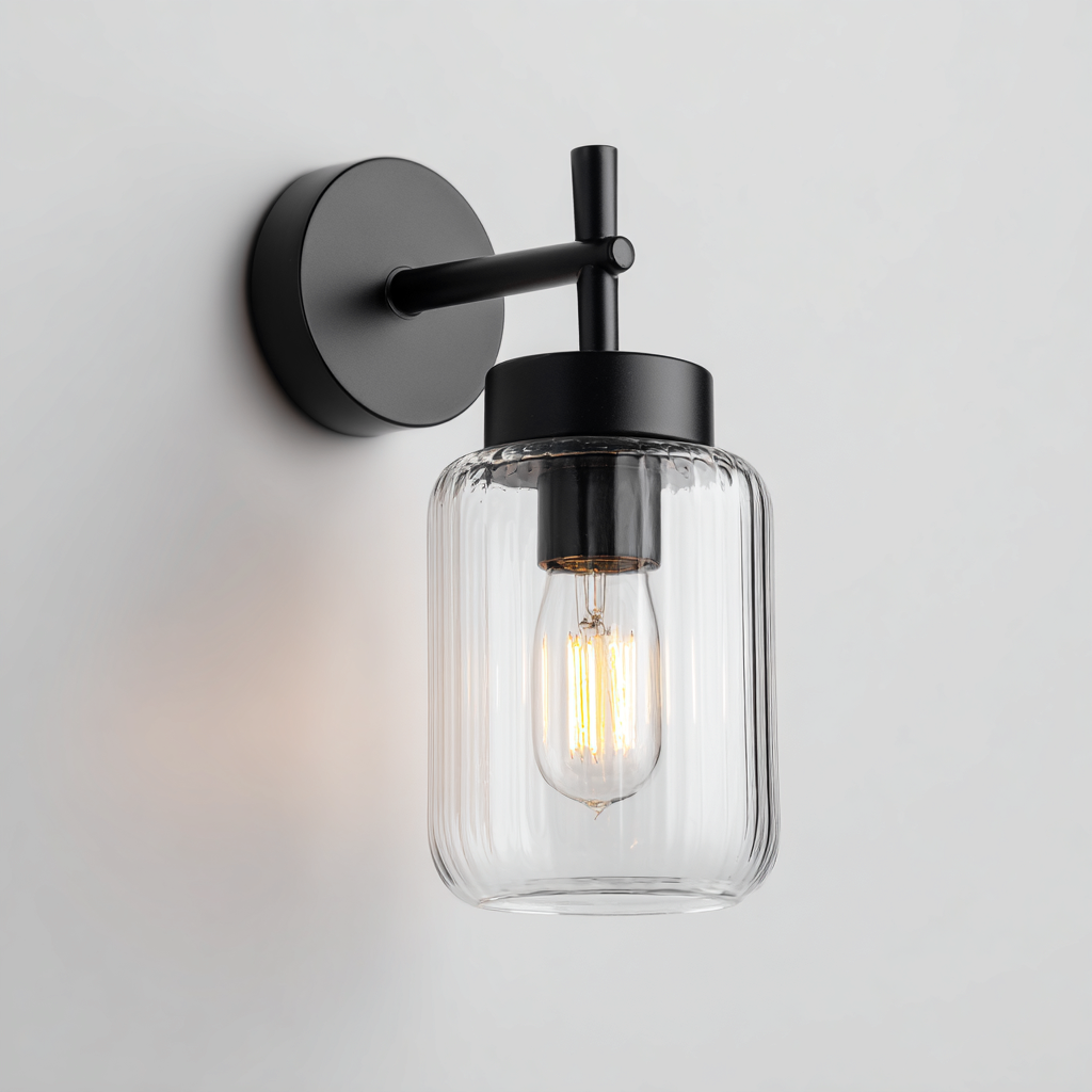 Applique da parete in metallo nero e vetro trasparente 18x14x25 cm - per bagno e corridoio - design moderno minimalista-Decoroli