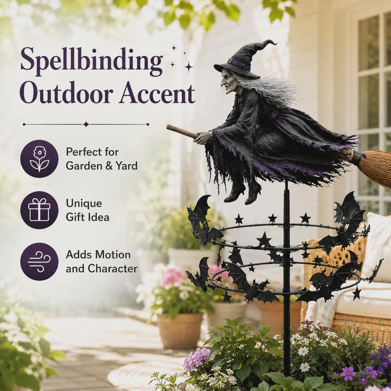 🧙 Enchanted Witch Garden Wind Spinner | Halloween Outdoor Metal Yard Decor