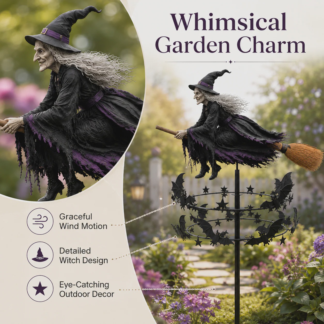 🧙 Enchanted Witch Garden Wind Spinner | Halloween Outdoor Metal Yard Decor