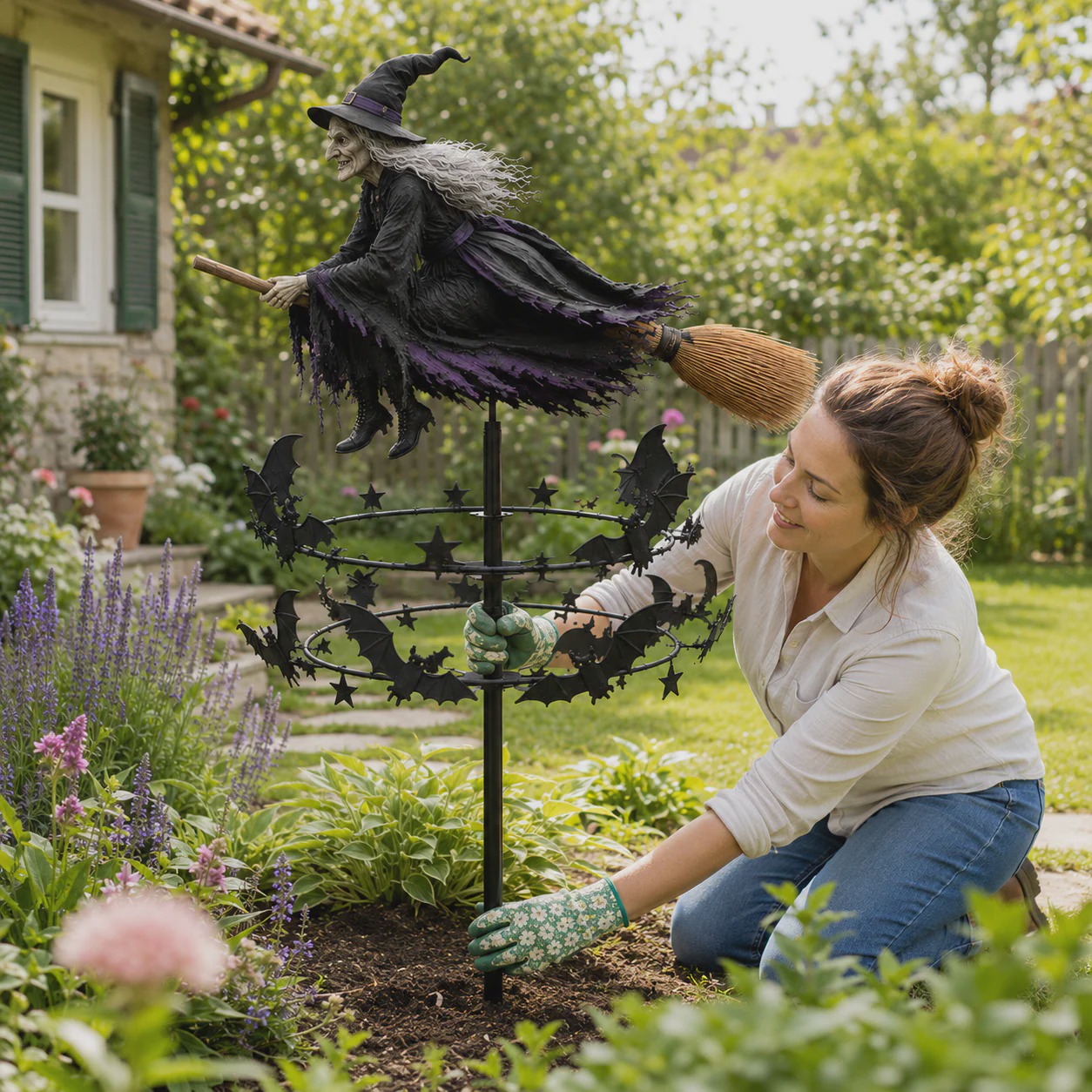 🧙 Enchanted Witch Garden Wind Spinner | Halloween Outdoor Metal Yard Decor
