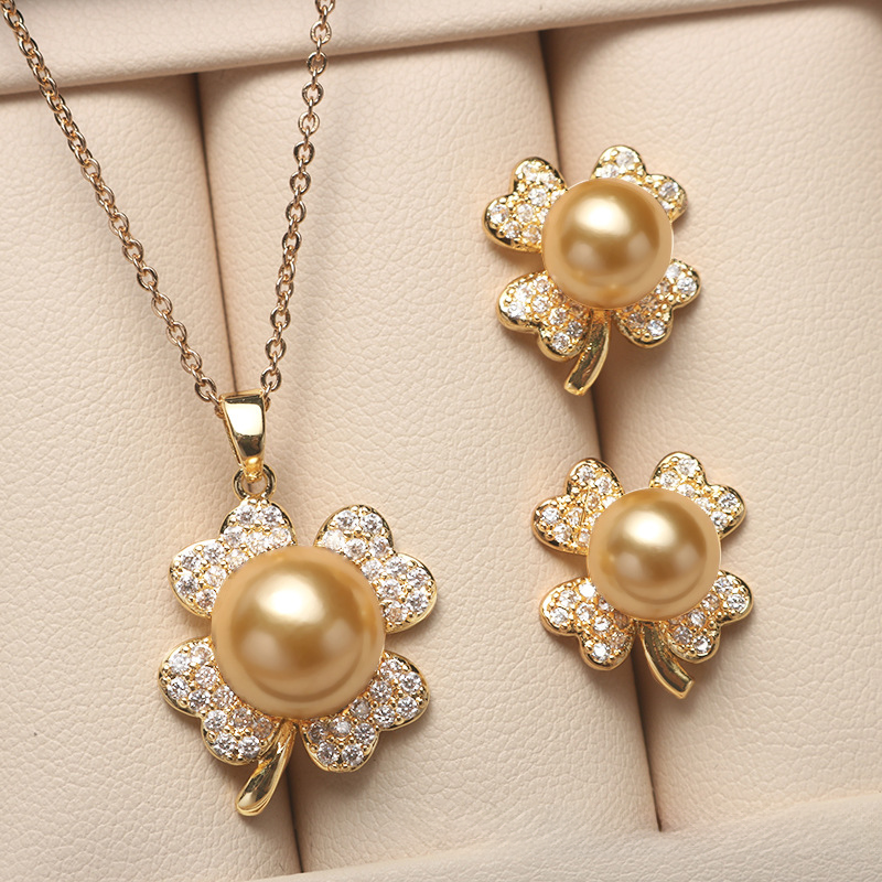 14K Akoya Pearl Jewelry Set Four-leaf Necklace/Earrings