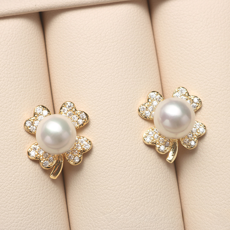 14K Akoya Pearl Jewelry Set Four-leaf Necklace/Earrings