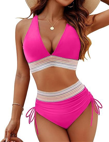 👙High Waisted Tummy Control Colour Block Bikini Sets