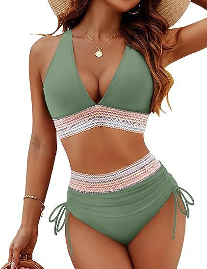 👙High Waisted Tummy Control Colour Block Bikini Sets