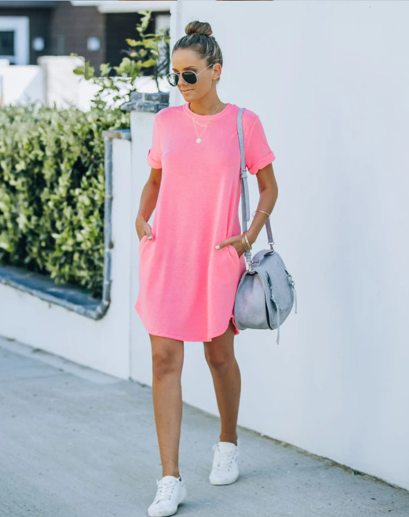⏰2025 Women's Casual Short Sleeve T Shirt Dress Basic Dresses with Poc