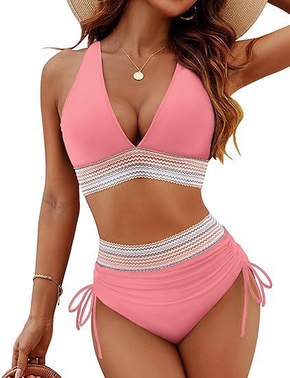 👙High Waisted Tummy Control Colour Block Bikini Sets
