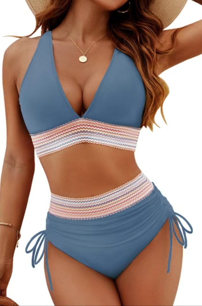 High Waisted Tummy Control Color Block Bikini Sets