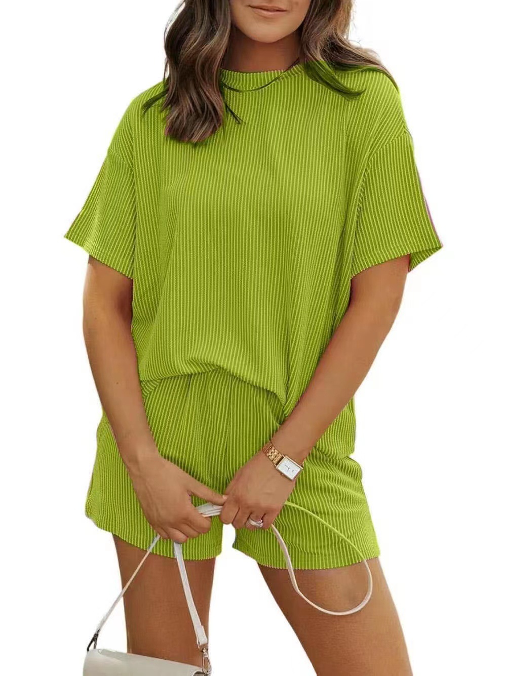 Women's Solid Textured Pocket Shorts Set