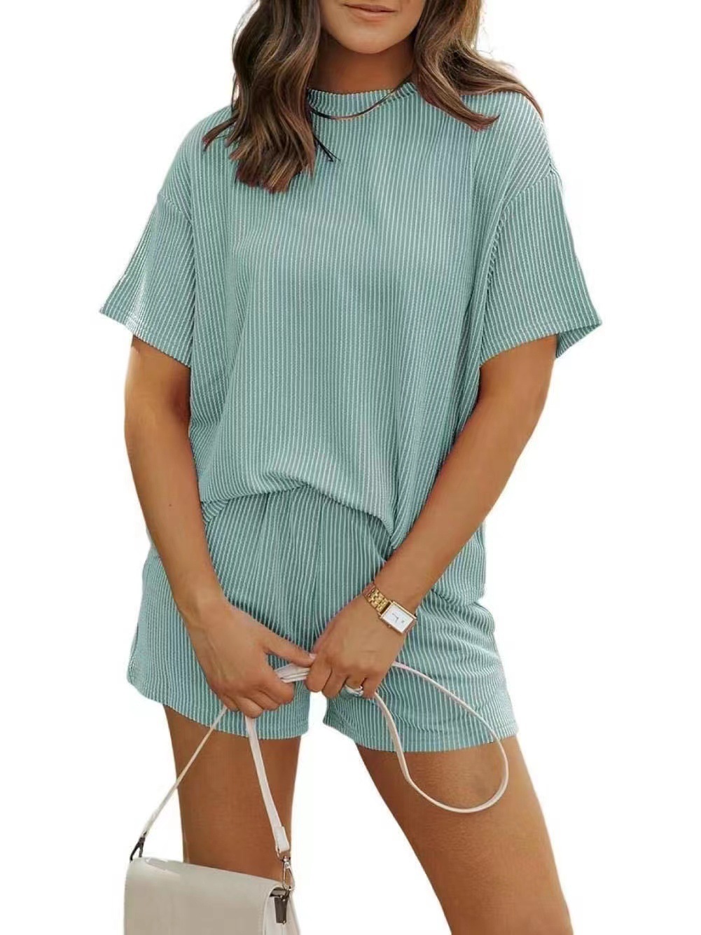 Women's Solid Textured Pocket Shorts Set