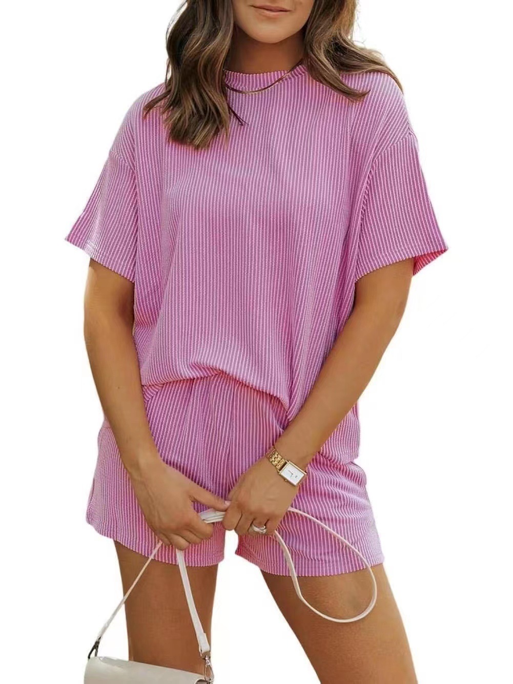 Women's Solid Textured Pocket Shorts Set