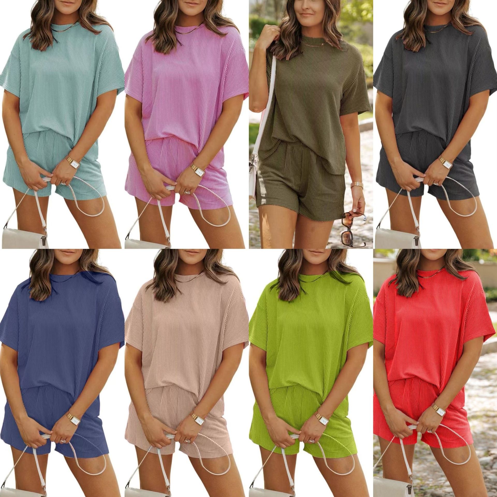 Women's Solid Textured Pocket Shorts Set